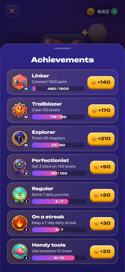 Link Balls: the achievements screen