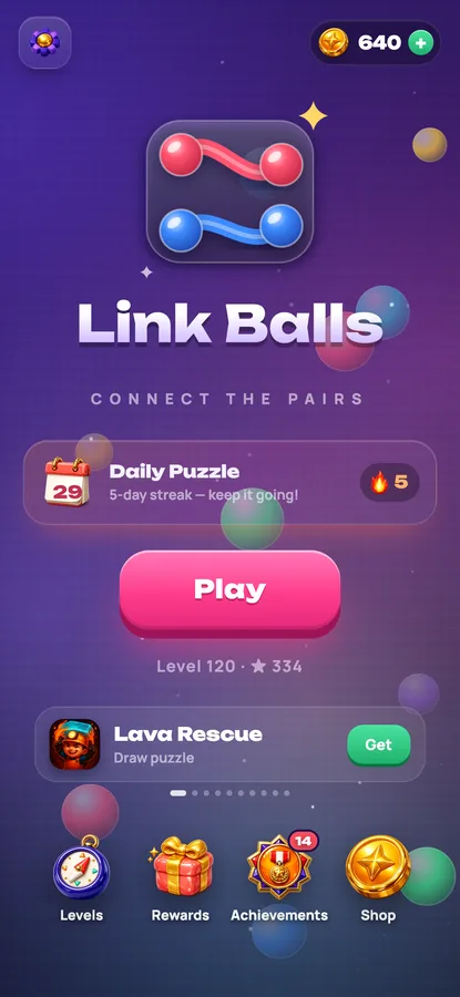 Link Balls: the main menu with the daily puzzle and the streak