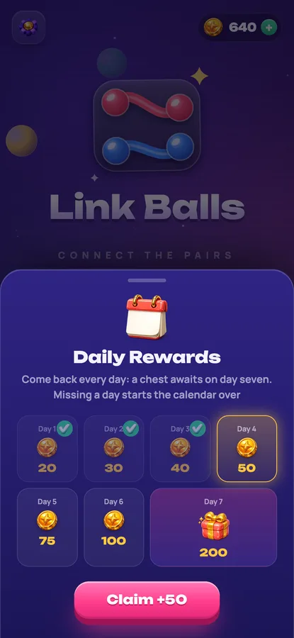 Link Balls: the 7-day rewards calendar with a chest at the end