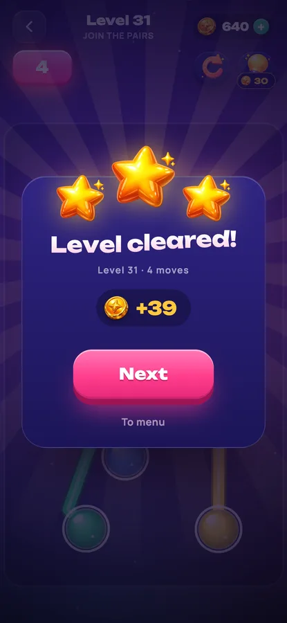 Link Balls: the level complete screen with three stars